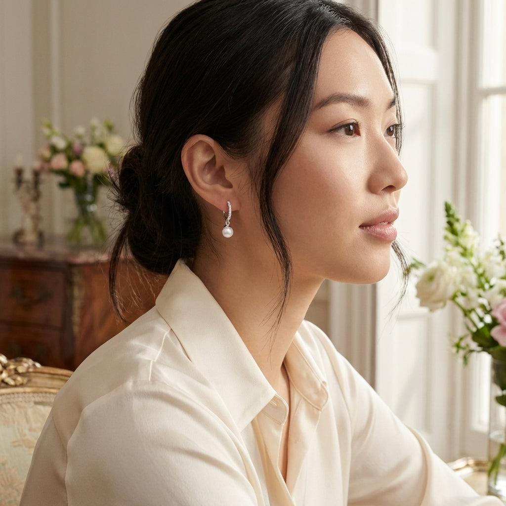 Pearl 925 Silver Lab Grown Diamond Hoop Earrings