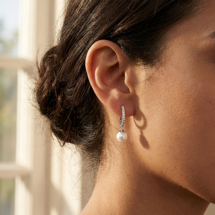 Pearl 925 Silver Lab Grown Diamond Hoop Earrings