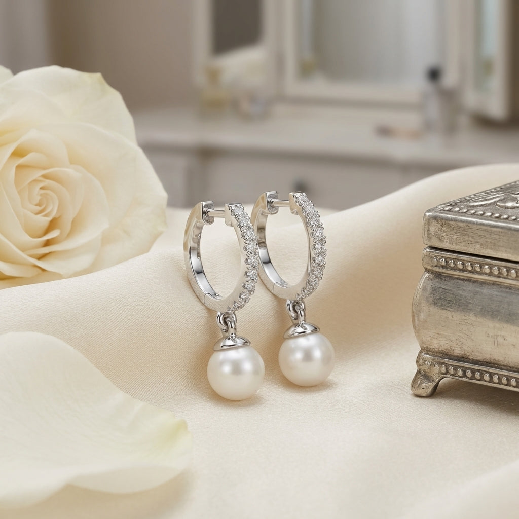 Pearl 925 Silver Lab Grown Diamond Hoop Earrings