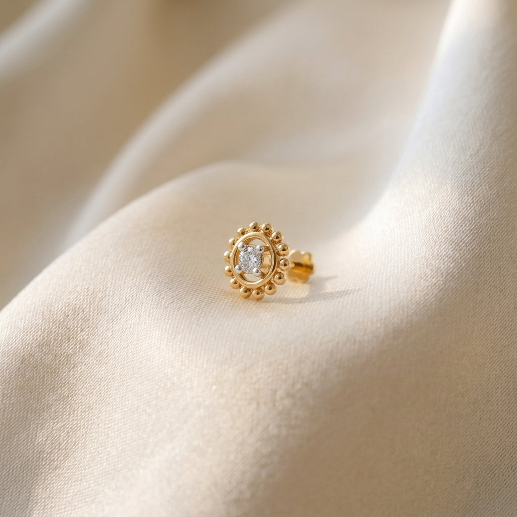 925 sterling silver gold plated Beaded Nose Pin with cubic zirconia stone Main view#metal_gold-plated#stone-colour_cubic-zirconia