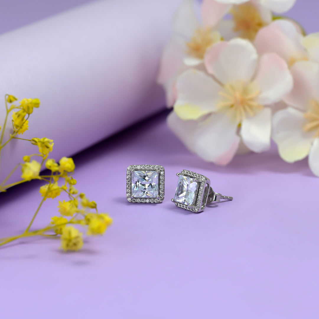 Radiant Square Halo Earrings
